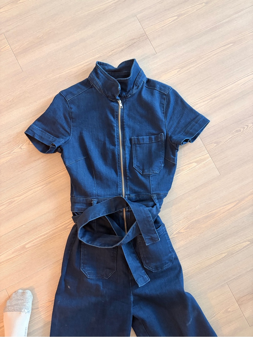 Maeve Denim Short-Sleeve Jumpsuit with Belt - Navy - Picture 2 of 7